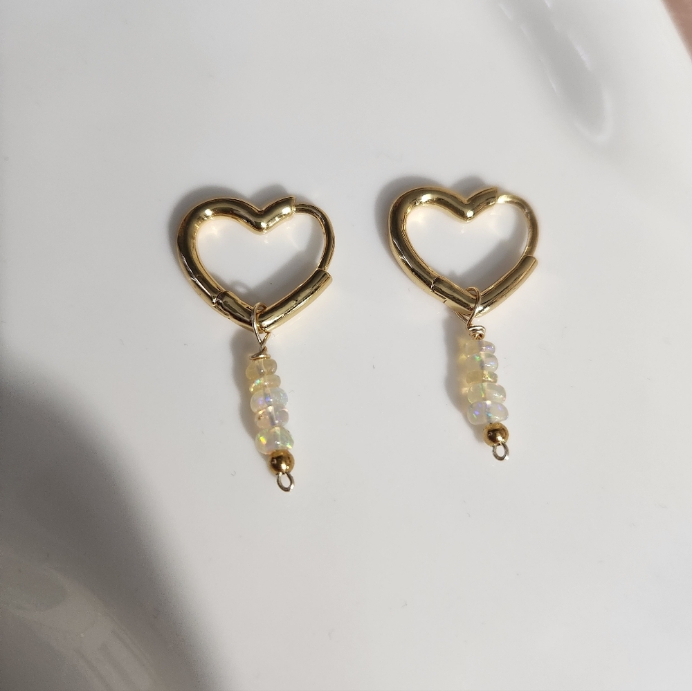 14k Gold Plated Heart Opal Charm Earrings